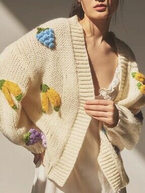 Anthropologie Maeve Beige 3D Applique Fruit Icon Knit Open Cardigan Sweater OS